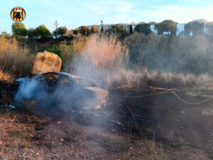 Incendio de vegetación provocado por el accidente de un coche en el barranco de Torrent